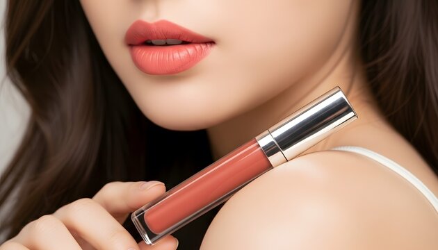 Woman showcasing lip gloss and makeup
