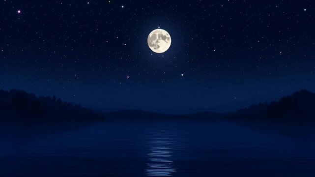 Serene nocturnal landscape with a full moon reflecting on calm water surface
