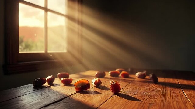 Dates on a Wooden Table Bathed in Golden Sunlight Through a Window