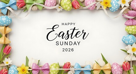 Happy easter sunday 2026 frame with colorful eggs and spring flowers