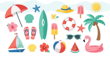 Summer vacation icon collection. Includes beach, tropical, and holiday symbols. Created in colorful flat style with pastel palette.