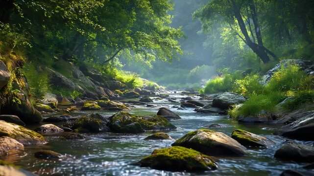 A serene river flows through a lush green forest, surrounded by rocks and vibrant foliage