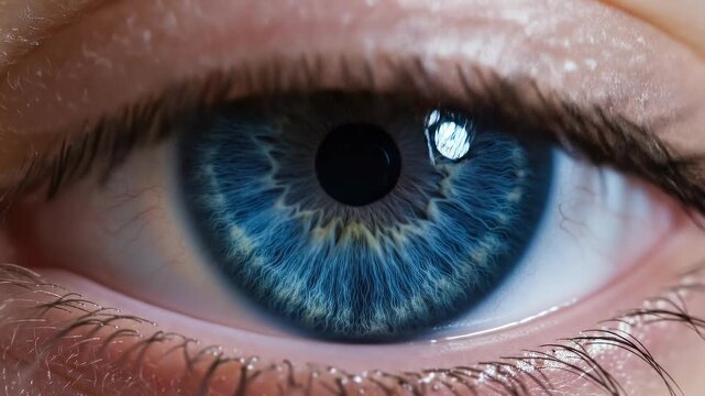 Extreme close up of a bright blue human eye with intricate iris patterns. Vision and sight concept for medical and biological study.