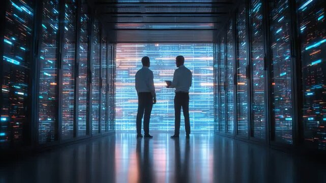 Two professionals stand in a data center, silhouetted against vibrant screens displaying streams of information, highlighting the innovation and complexity of modern technology.