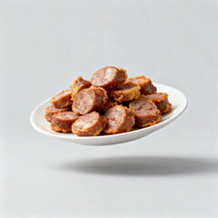 Delicious fried sausage slices placed on a white plate