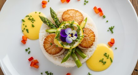Gourmet scallops served with asparagus, sauce, and garnishes on a white plate from a top-down viewpoint