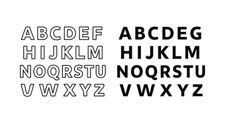 Complete English Alphabet Set Featuring Bold Solid and Outline Sans-Serif Uppercase Letters for Graphic Design, Branding, and Educational Learning Materials