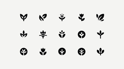 Obraz premium Collection of minimalist black vector icons representing various stylized plants leaves and floral elements arranged in a grid on a clean neutral light gray background perfect for branding