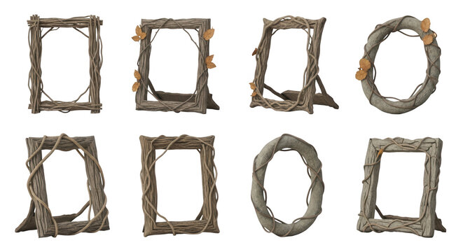 wooden frames arrayed isolated on white various shapes  sizes for crafts art design or decoration