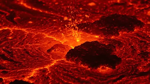 Flowing Molten Lava Eruption Close-Up in Volcanic Environment with Fiery Red Glow and Intense Heat Viewpoint