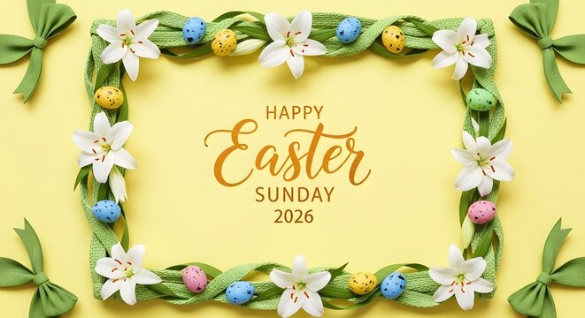 Happy easter sunday 2026 with floral frame and colorful eggs on yellow background