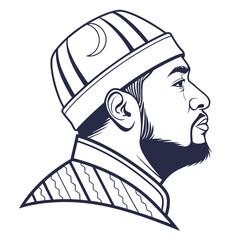 Muslim Man Profile Portrait Illustration, Crescent Moon Hat © Mahdi