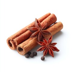 Aromatic Spices Composition with Cinnamon Sticks, Star Anise, and Whole Peppercorns on White Background