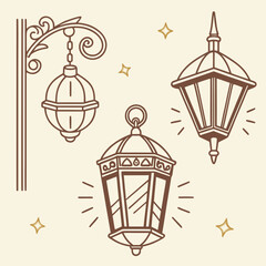 Ramadan Lanterns with Stars - Decorative Line Art