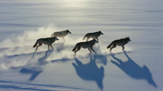 Pack of wolves trotting across snowy landscape with dust cloud and shadows in winter sun