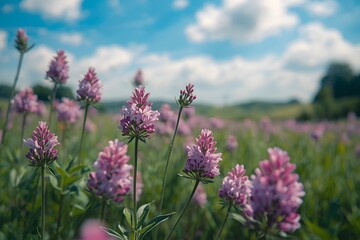 Fototapeta premium Scenic view of purple clover flowers in countryside landscape.
