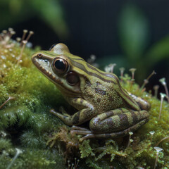Obraz premium Macro close-up of a Coquí frog blending with moss and tiny forest fungi, intricate skin textures