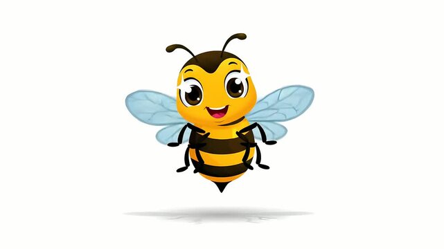 A cute, happy cartoon bee with large eyes and outstretched wings, floating in mid-air against a white background with a subtle shadow beneath it