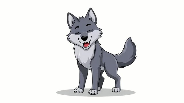 Cheerful and friendly gray wolf character illustrated in a cute cartoon style with a happy smile isolated on a white background