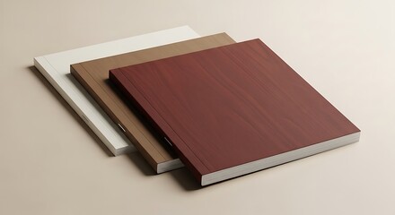 Fototapeta premium Three stacked blank notebooks with different colored covers on a neutral background.