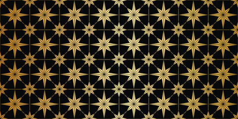 Golden star tile seamless vector pattern metallic gradient on black background abstract © Kati Moth