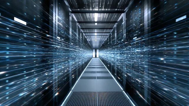 A futuristic data center corridor with glowing lines of data streaming through the air, symbolizing the speed and efficiency of modern technology and information processing.