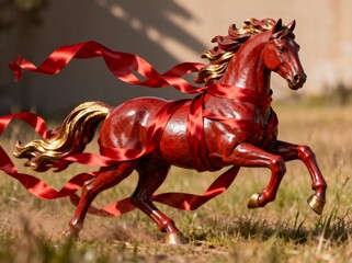 Obraz premium Red Sculpture Horse with Golden Mane and Ribbons