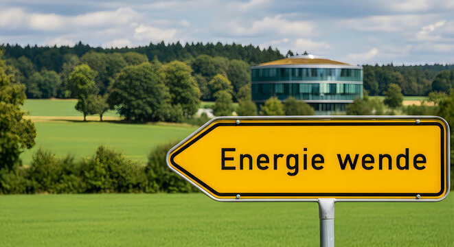 A scenic view of a modern building amidst lush greenery with a sign reading 'energie wende'.