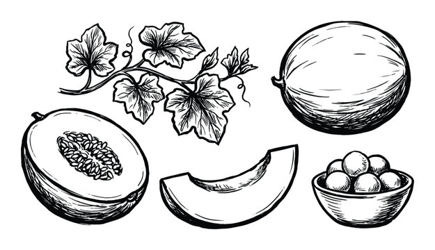 Melon sketch drawing with leaves, half melon, melon slice and melon balls in bowl