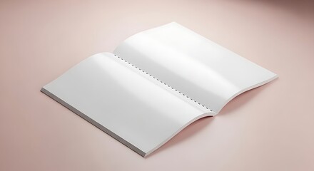 Open blank magazine or book with clean white pages on a soft pink background.