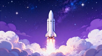 Naklejka premium Rocket Launch Through Clouds in Starry Night Sky