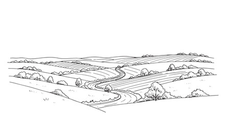 Naklejka premium Winding Road Through Rolling Hills Sketch