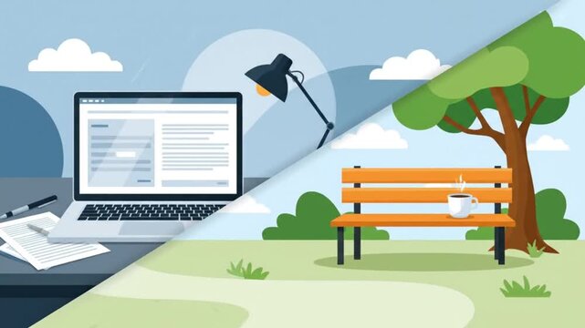 A creative 2D animation using a diagonal split-screen to contrast a busy office desk with a peaceful park setting. One side features a laptop, documents, and a desk lamp, while the other shows a park 
