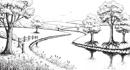 River Through Summer Meadow Line Drawing