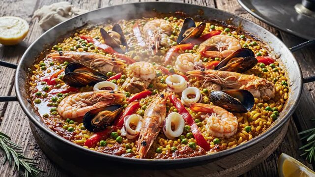 Close-up view of a vibrant, steaming seafood paella in a large, rustic pan, showcasing a delicious Spanish dish with prawns, mussels, and squid on a wooden table, emphasizing the culinary ex