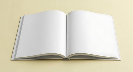Fototapeta premium Open Blank Book with White Pages on a Light Yellow Background.
