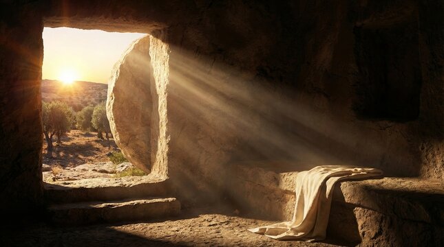 Bright morning sunlight rays shining into empty stone tomb cave with folded linen clothes on slab for traditional christian happy easter resurrection holiday religious celebration background.