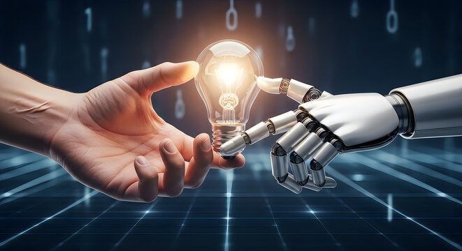 Human hand and robot exchanging a glowing light bulb symbolizing innovation and technology.