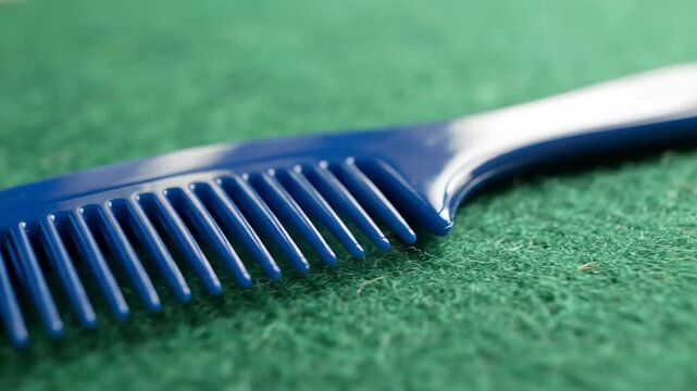 Blue comb on green surface, close-up shot, detailed view.