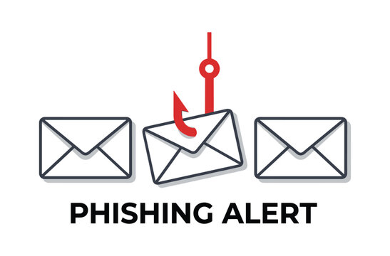 Phishing alert with email and hook, cyber security threat, email scam protection and internet security