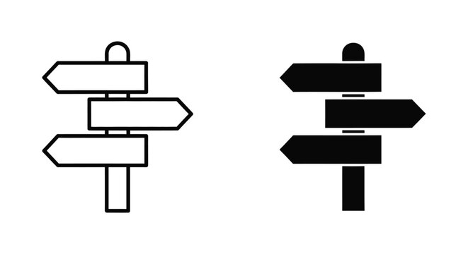 Set of minimalist directional signpost icons featuring outline and solid black styles, perfect for representing navigation, choice, and strategic decision-making in business or travel designs.