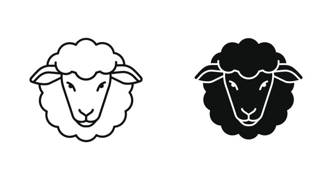 Minimalist sheep head icons in line art and solid silhouette styles for agricultural branding, wool product logos, and farm-to-table identity design.