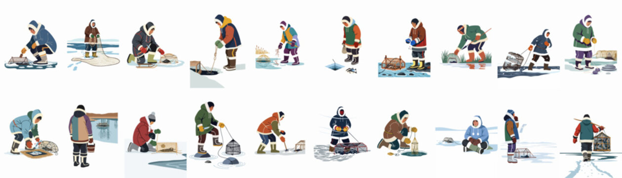 Inuit Arctic Fishing and Trapping: Traditional Winter Lifestyle and Hunting Methods in Snowy and Icy Landscapes