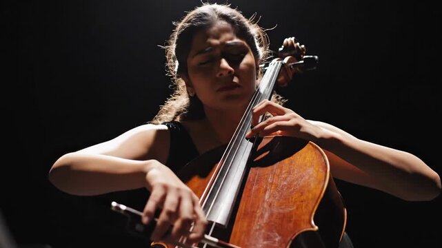 Cellist Plays Beautiful Music on Stage with Passion.