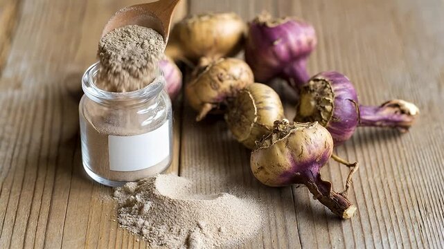 Still life with maca roots and maca powder being poured into jar