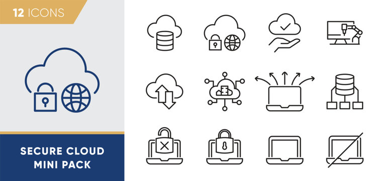 Secure Cloud Line Icons Set &ndash; Cyber Security, Data Protection, Encryption, Database and Network Safety Vector Pack