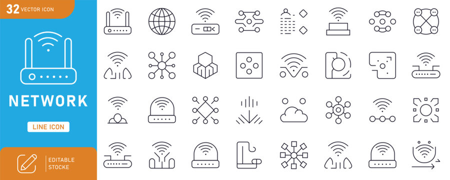 Network and wireless communication line icons collection for wifi connectivity router devices internet services and global digital data exchange