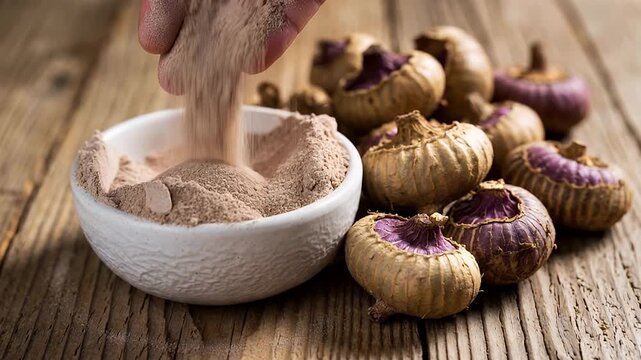 Preparation of Gladiolus Corms with Rooting Powder for Planting, a Rustic Still Life