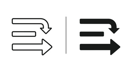 Minimalist UI icon set with outline and solid versions featuring curved return arrows, horizontal bars, and straight directional pointers for navigation and workflow design