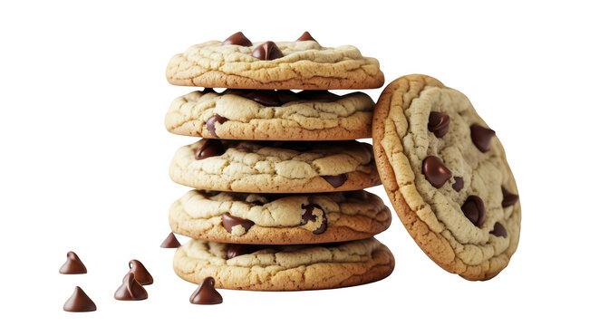 Delicious stack of chocolate chip cookies isolated on transparent background